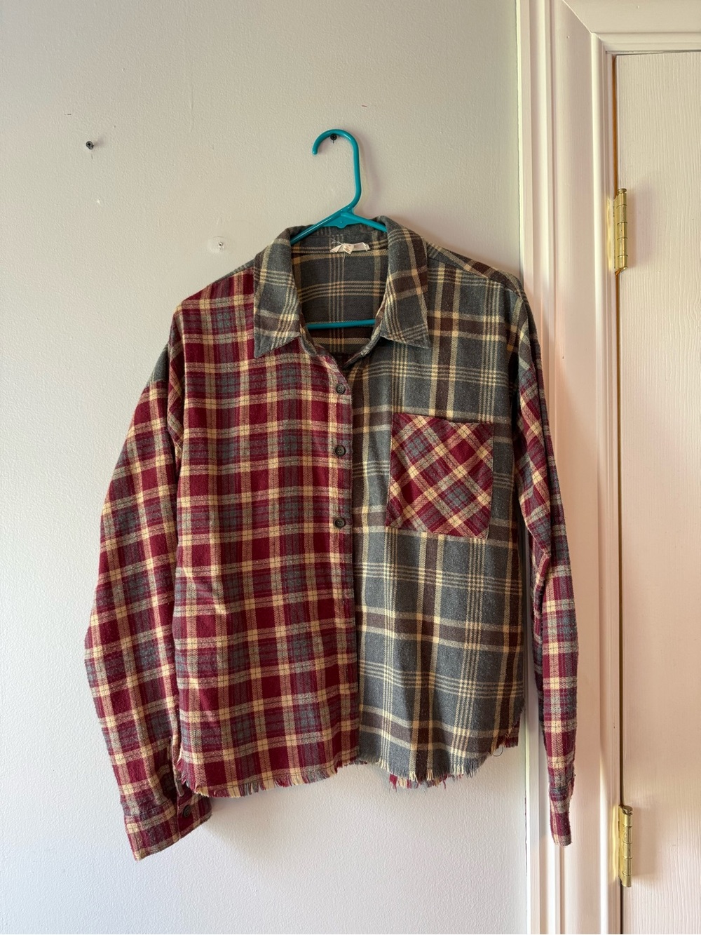 Mystree Two-Tone Plaid Button-Down Shirt - Red & Gray